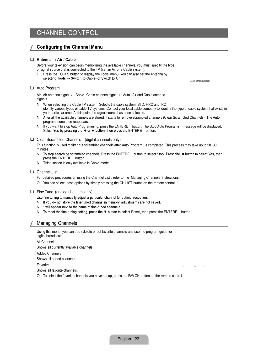 Samsung LN46B530, LN52B530, LN40B530, LN32B530, LN37B530 Channel Control, Configuring the Channel Menu, Managing Channels 