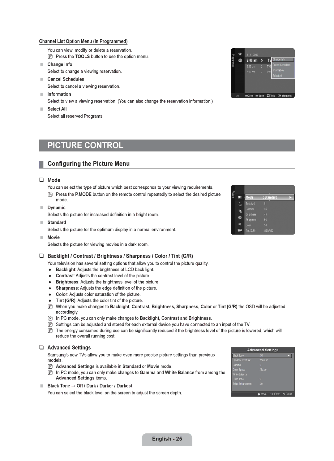 Samsung LN40B530, LN46B530 Picture Control, Configuring the Picture Menu, Channel List Option Menu in Programmed, Mode 