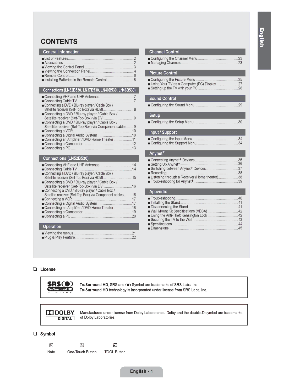 Samsung LN32B530, LN46B530, LN52B530, LN40B530, LN37B530 user manual Contents 