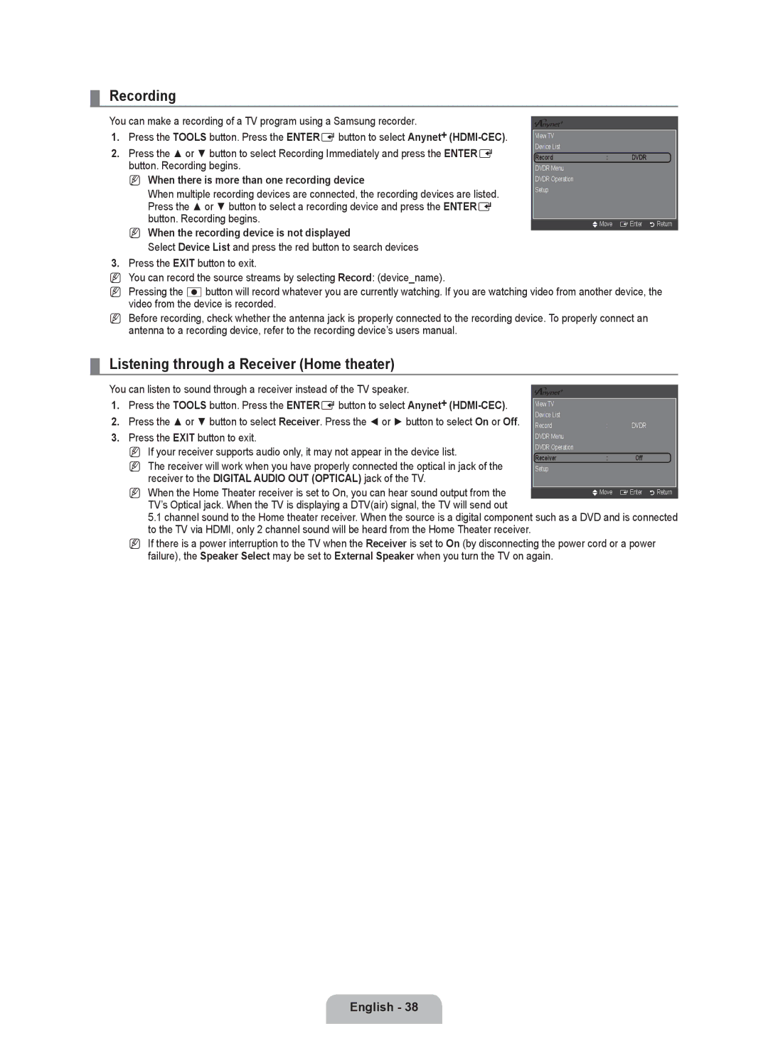 Samsung LN46B530 Recording, Listening through a Receiver Home theater, When there is more than one recording device 