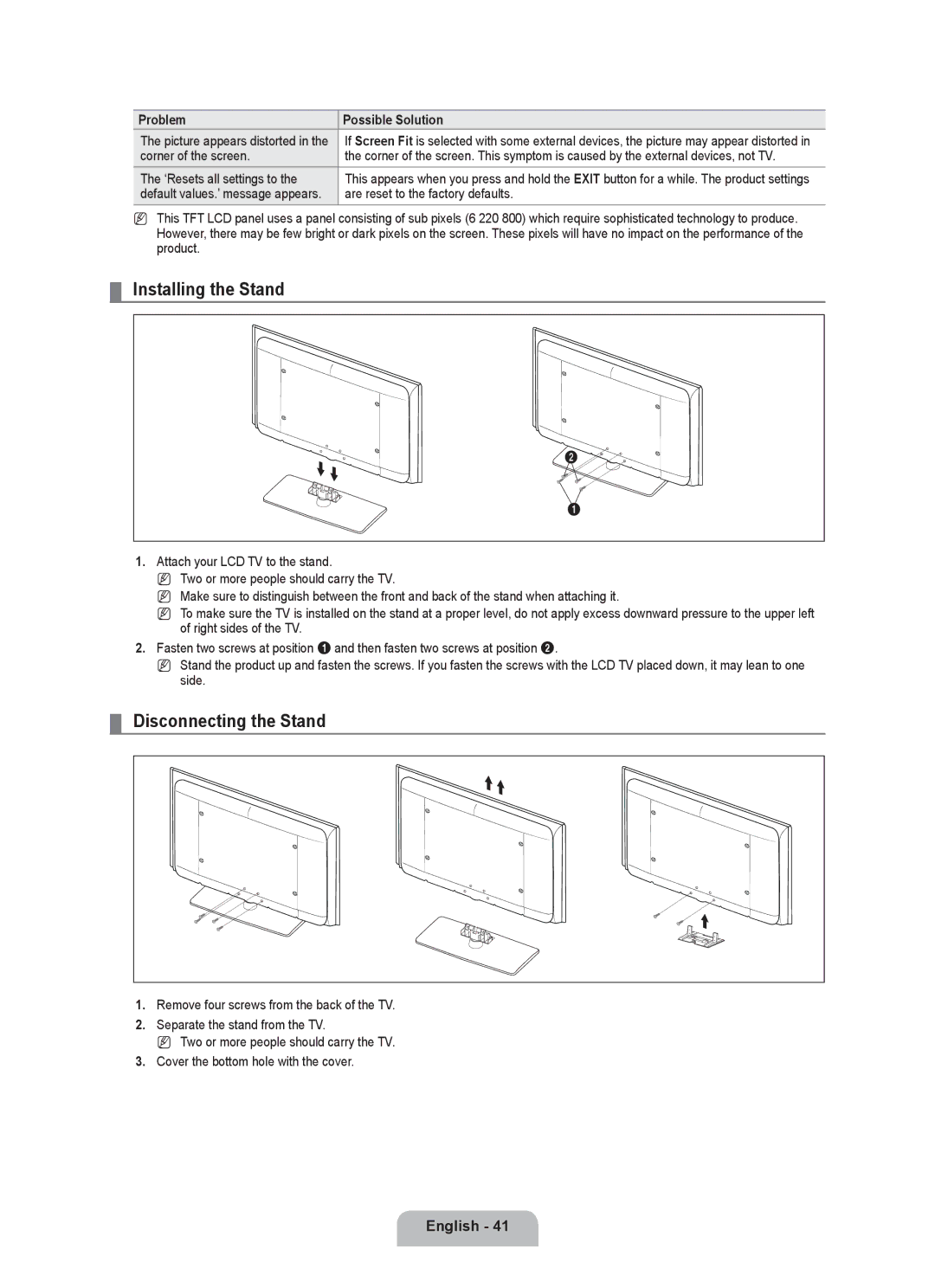 Samsung LN32B530, LN46B530 Installing the Stand, Disconnecting the Stand, Corner of the screen, ‘Resets all settings to 