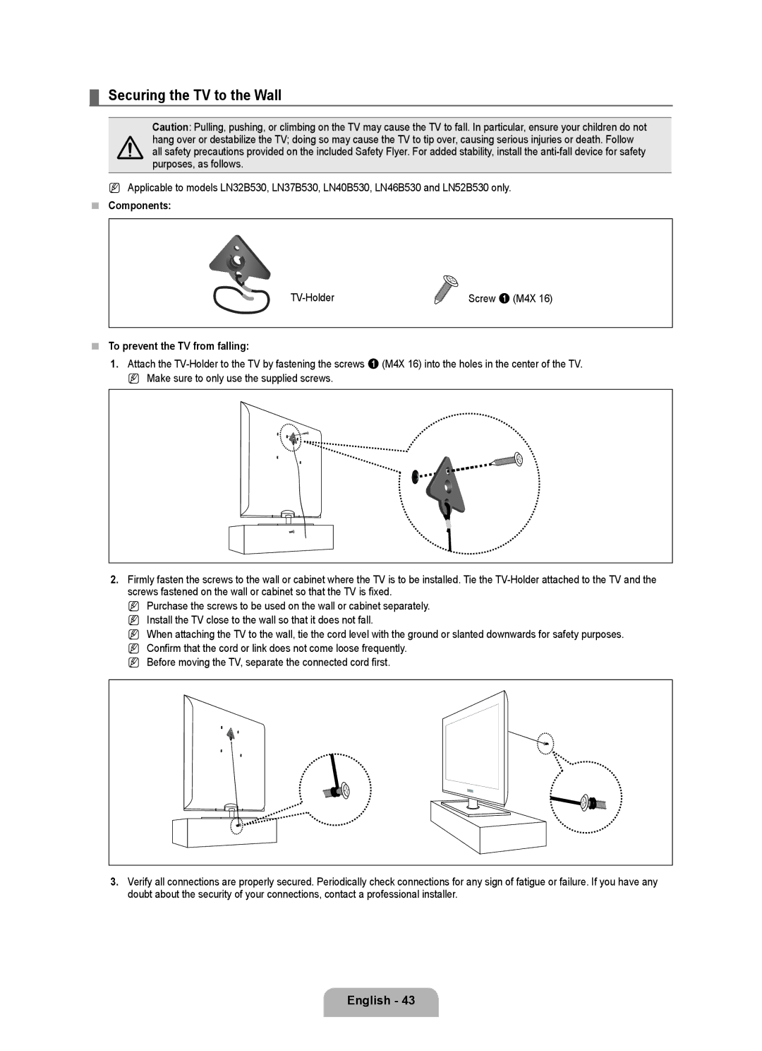 Samsung LN46B530, LN52B530, LN40B530 Securing the TV to the Wall,  Components, TV-Holder,  To prevent the TV from falling 