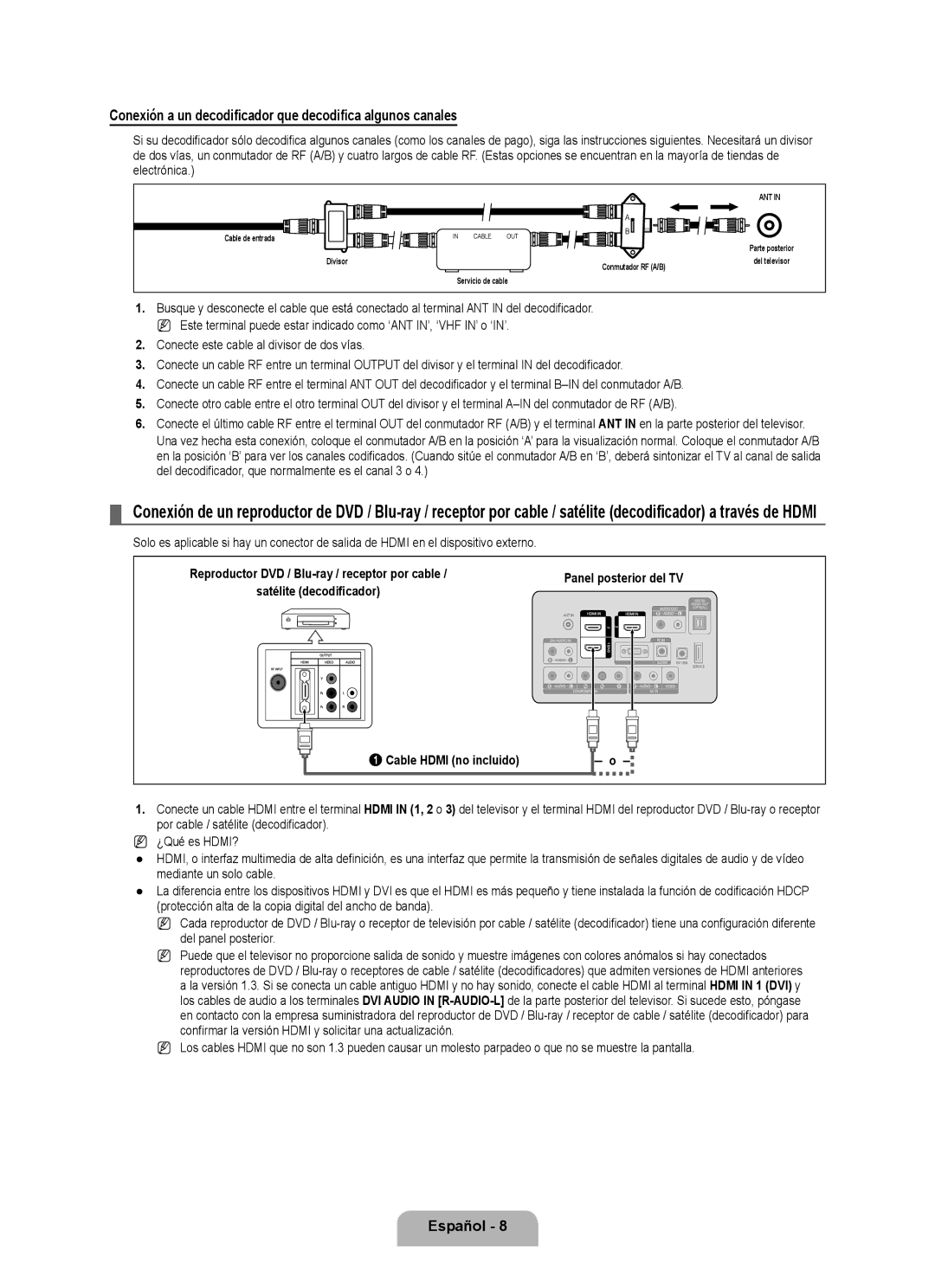 Samsung LN46B530, LN52B530, LN40B530 Conexión a un decodificador que decodifica algunos canales, Cable Hdmi no incluido 