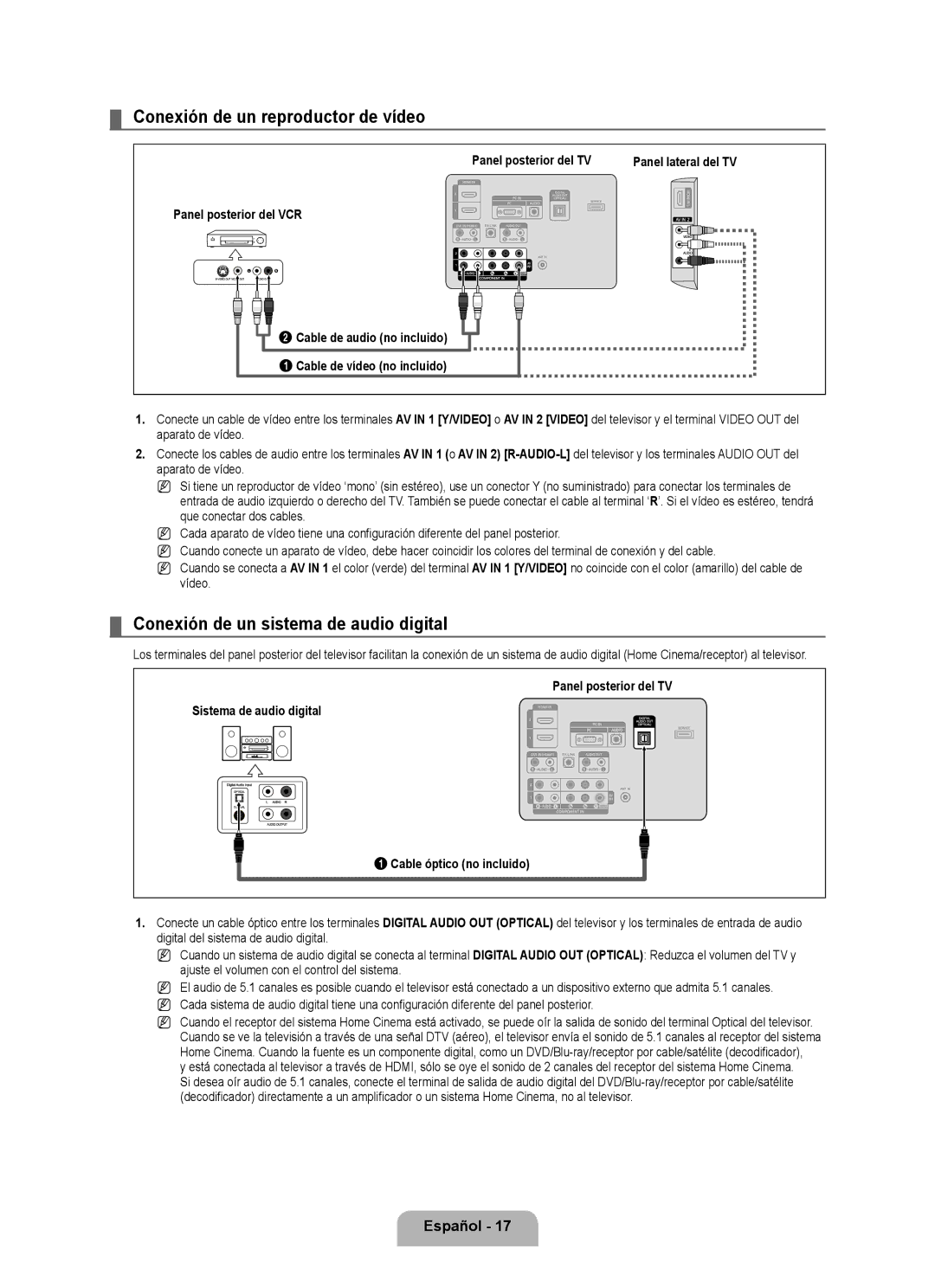 Samsung LN37B530, LN46B530 Conexión de un reproductor de vídeo, Cable de audio no incluido Cable de vídeo no incluido 