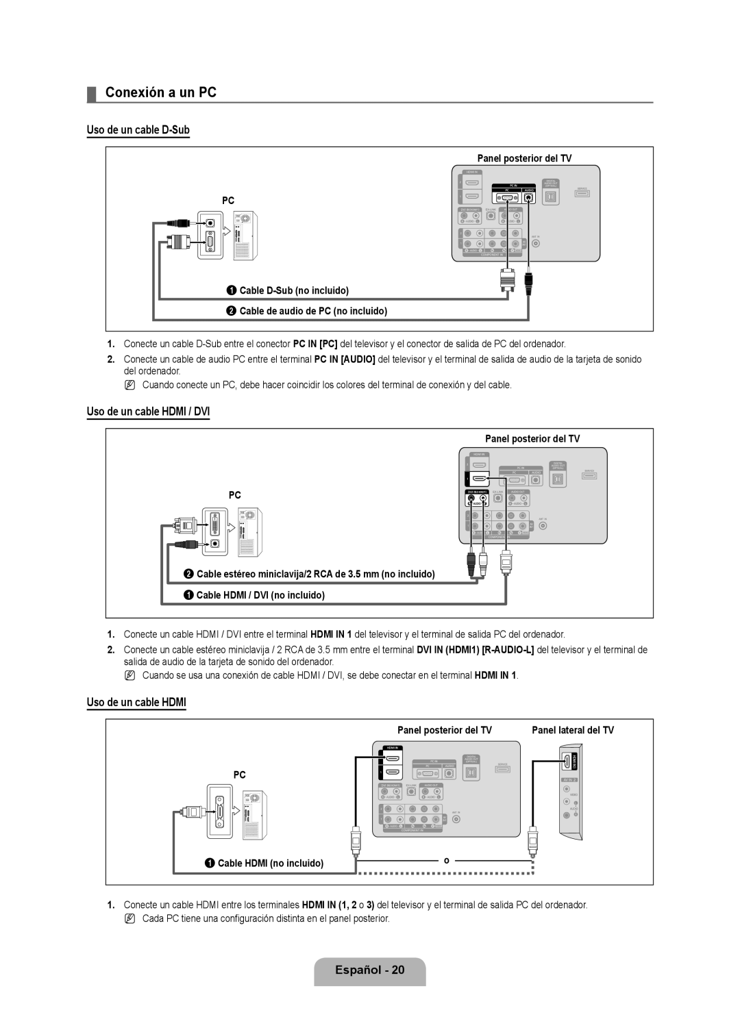 Samsung LN40B530, LN46B530, LN52B530, LN32B530, LN37B530 user manual Conexión a un PC, Panel posterior del TV 