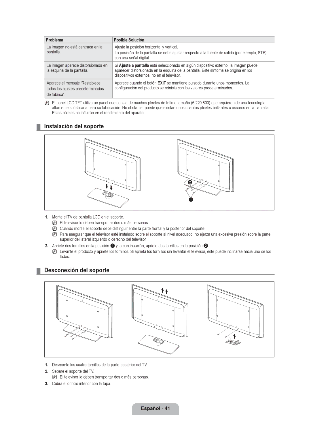 Samsung LN32B530, LN46B530, LN52B530, LN40B530, LN37B530 user manual Instalación del soporte, Desconexión del soporte 