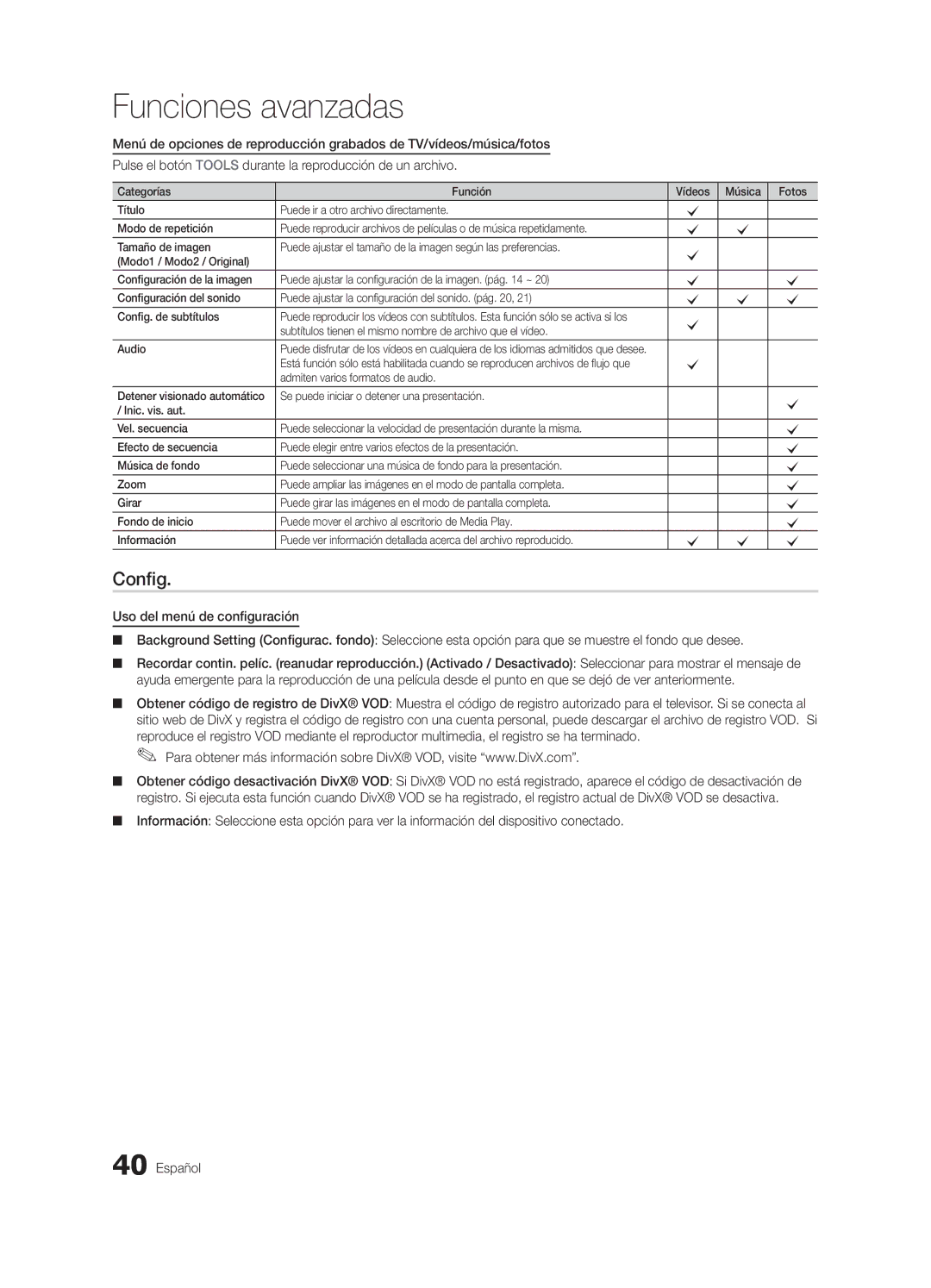 Samsung LN46C750 user manual Config, Admiten varios formatos de audio 