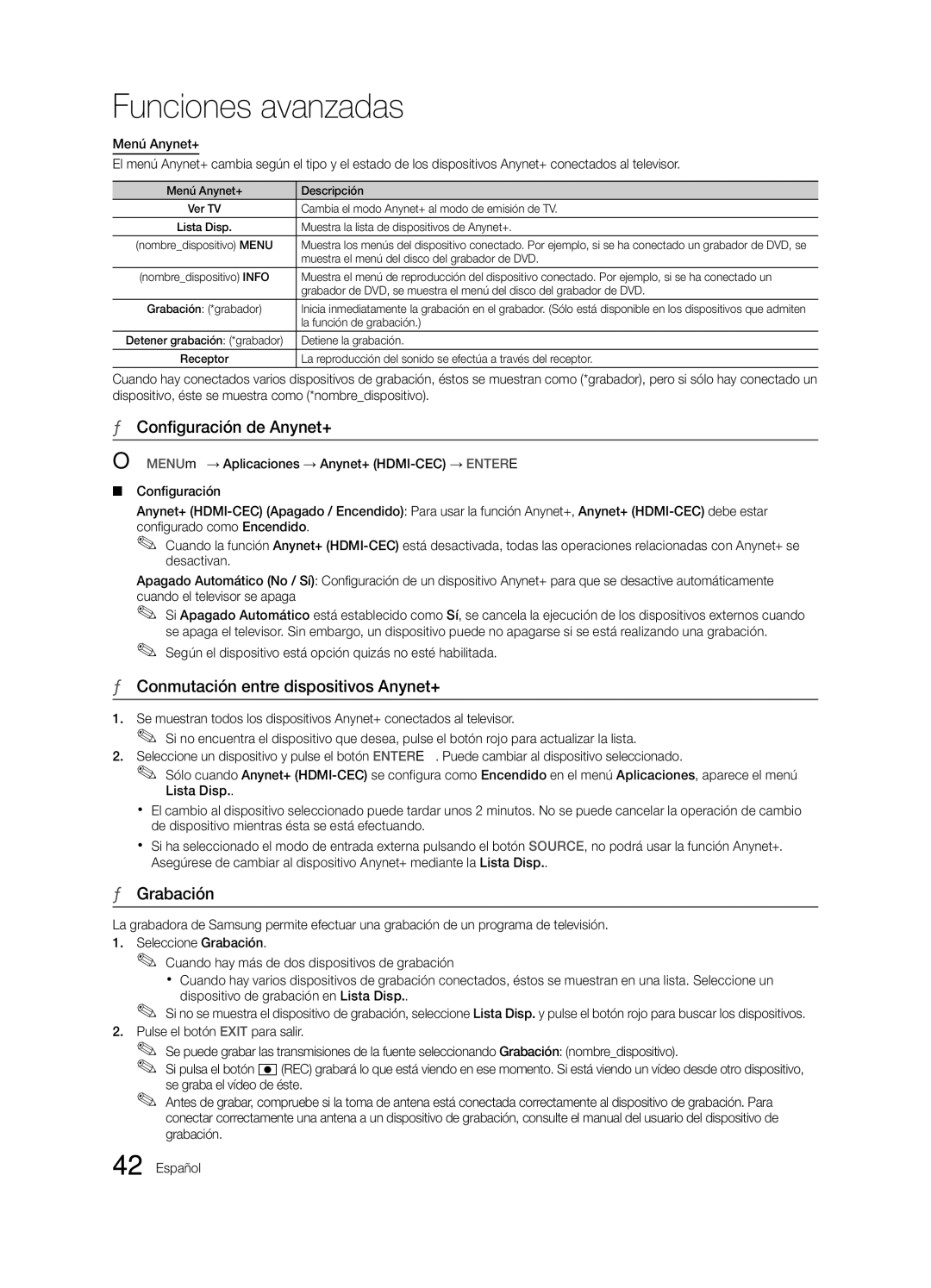 Samsung LN46C750 user manual Configuración de Anynet+, Conmutación entre dispositivos Anynet+, Grabación 