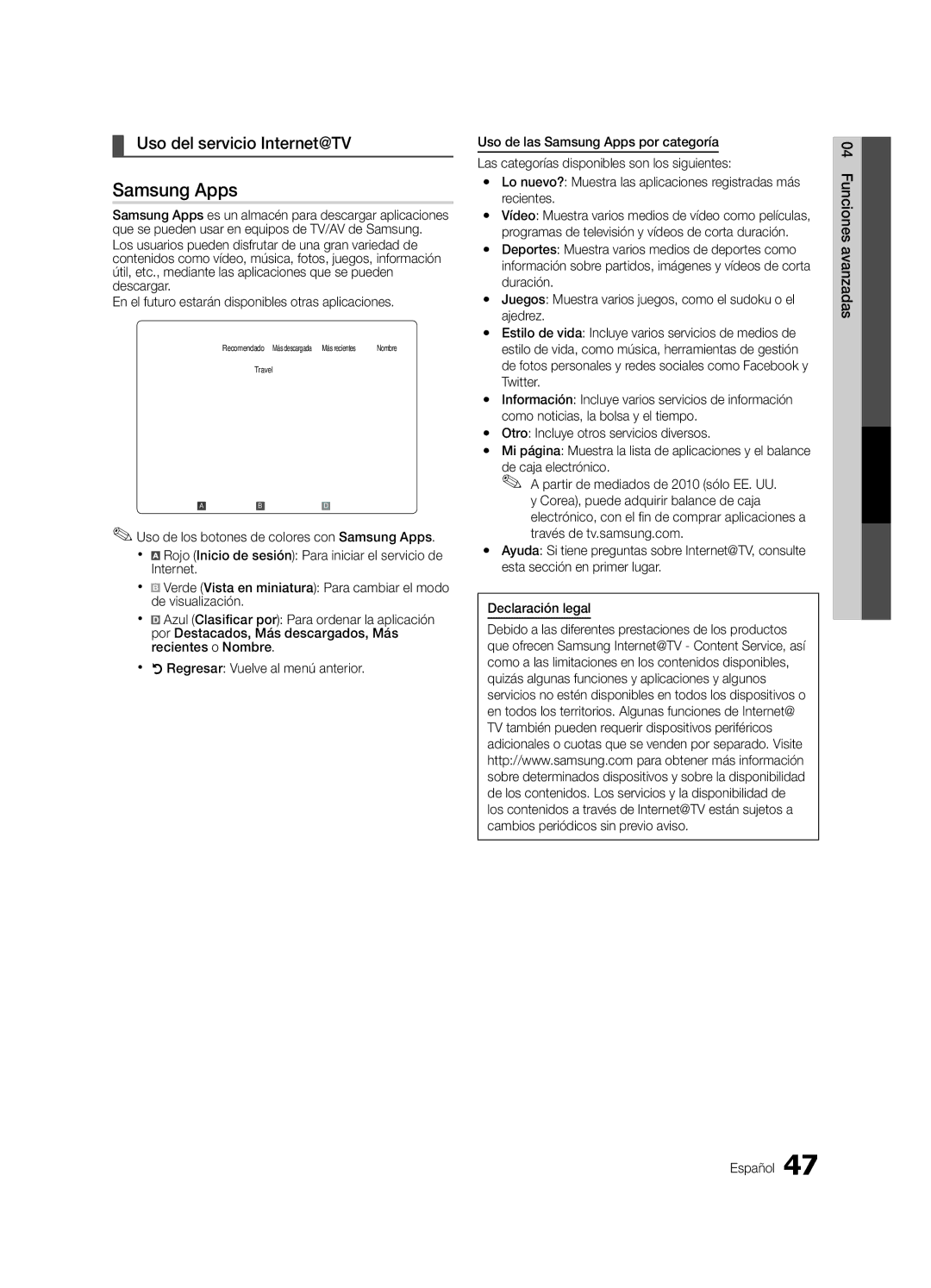 Samsung LN46C750 user manual Samsung Apps, Uso del servicio Internet@TV 