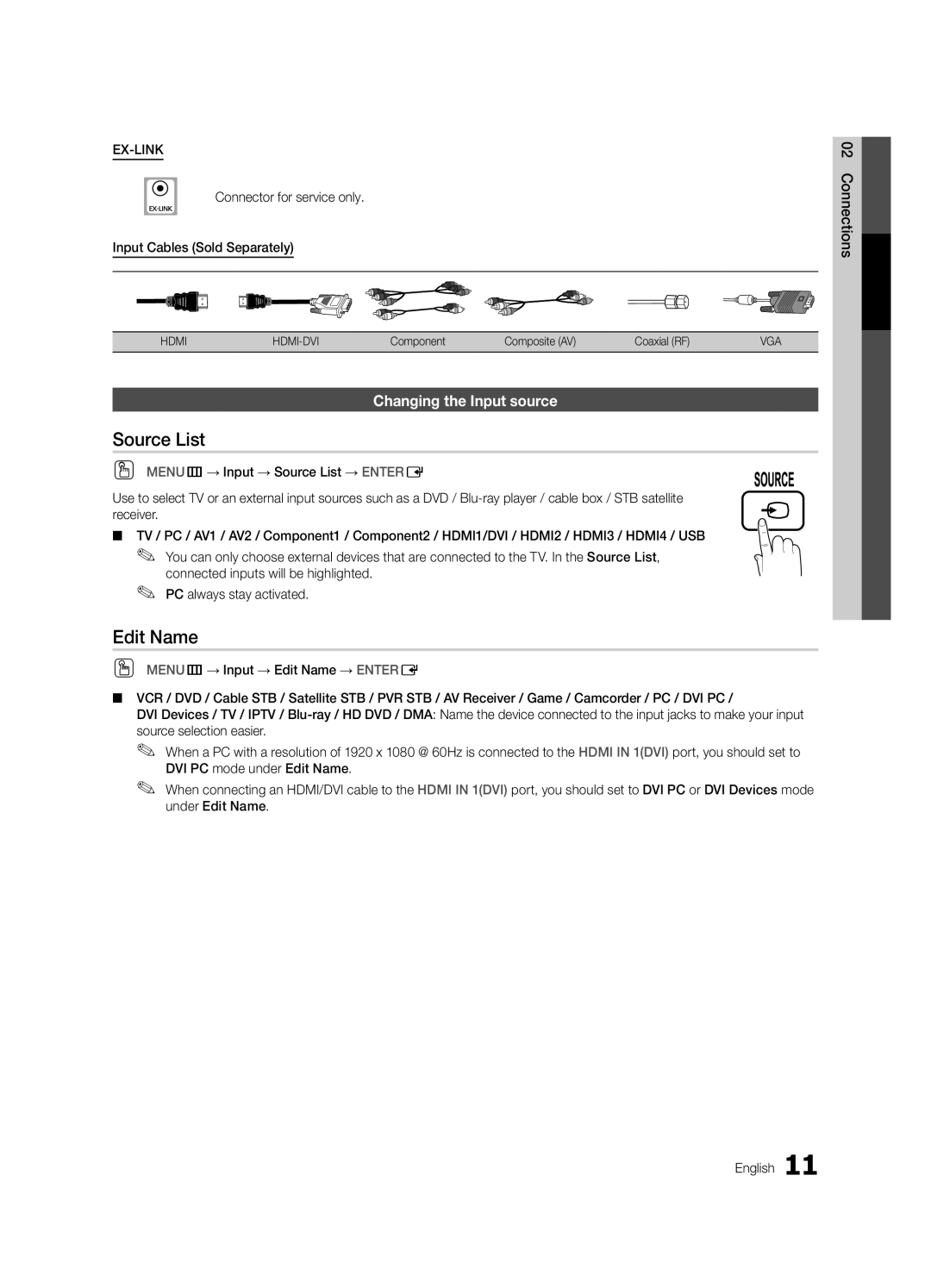 Samsung LN46C750 user manual Source List, Edit Name, Changing the Input source, Component Composite AV Coaxial RF 