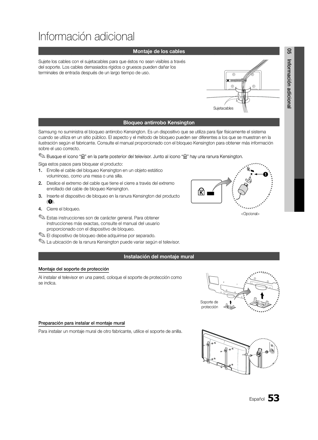 Samsung LN46C750 Información adicional, Montaje de los cables, Bloqueo antirrobo Kensington, Instalación del montaje mural 