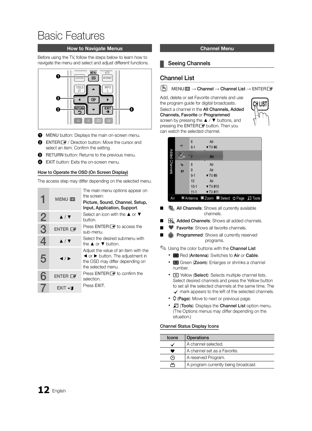 Samsung LN46C750 user manual Basic Features, Channel List, Seeing Channels, How to Navigate Menus, Channel Menu 