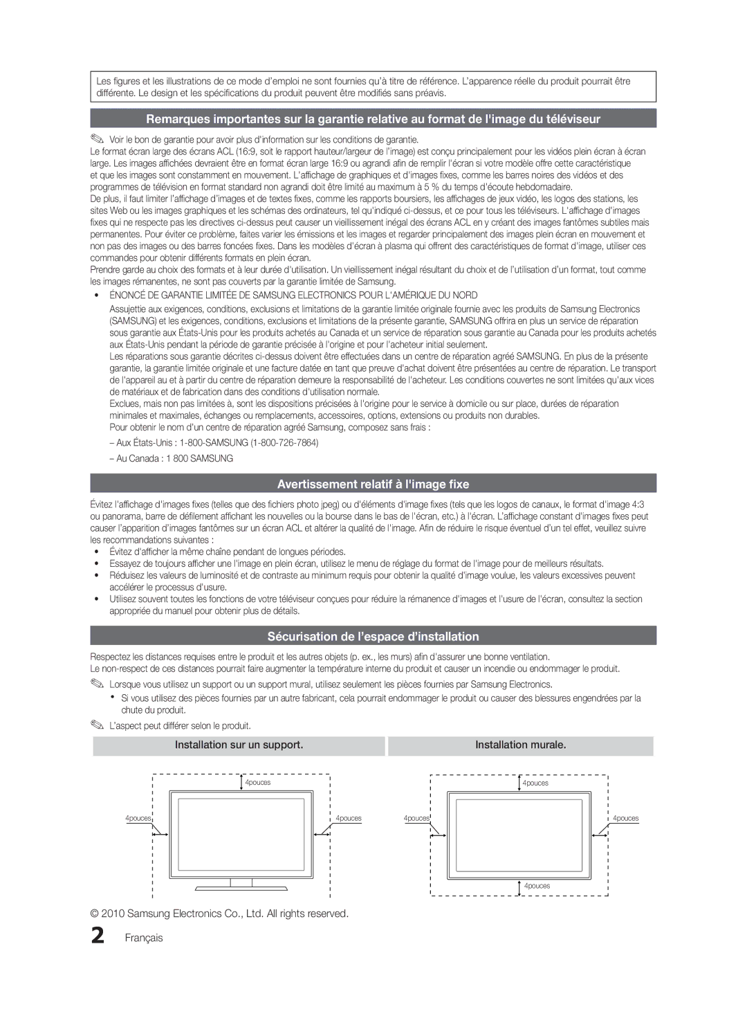 Samsung LN46C750 Avertissement relatif à limage fixe, Sécurisation de l’espace d’installation, Installation sur un support 