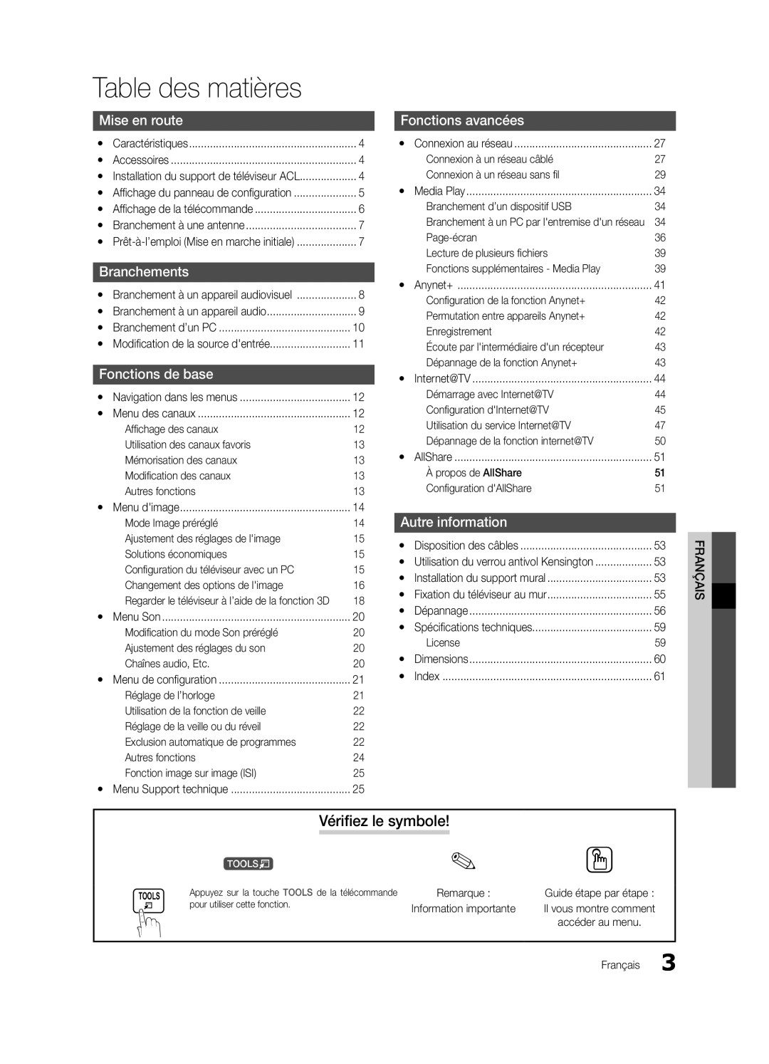 Samsung LN46C750 user manual Table des matières, Vérifiez le symbole 