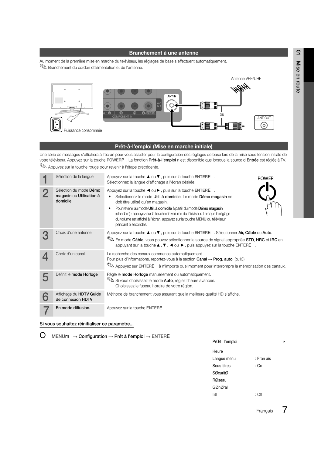 Samsung LN46C750 user manual Branchement à une antenne, Prêt-à-l’emploi Mise en marche initiale, Câble 