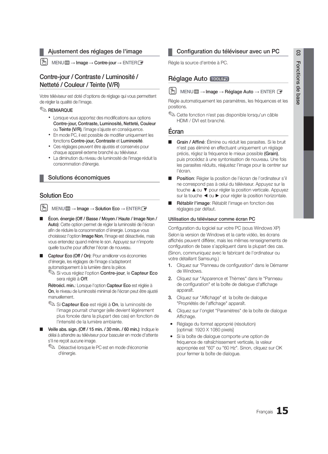 Samsung LN46C750 user manual Solution Eco, Réglage Auto t, Écran 