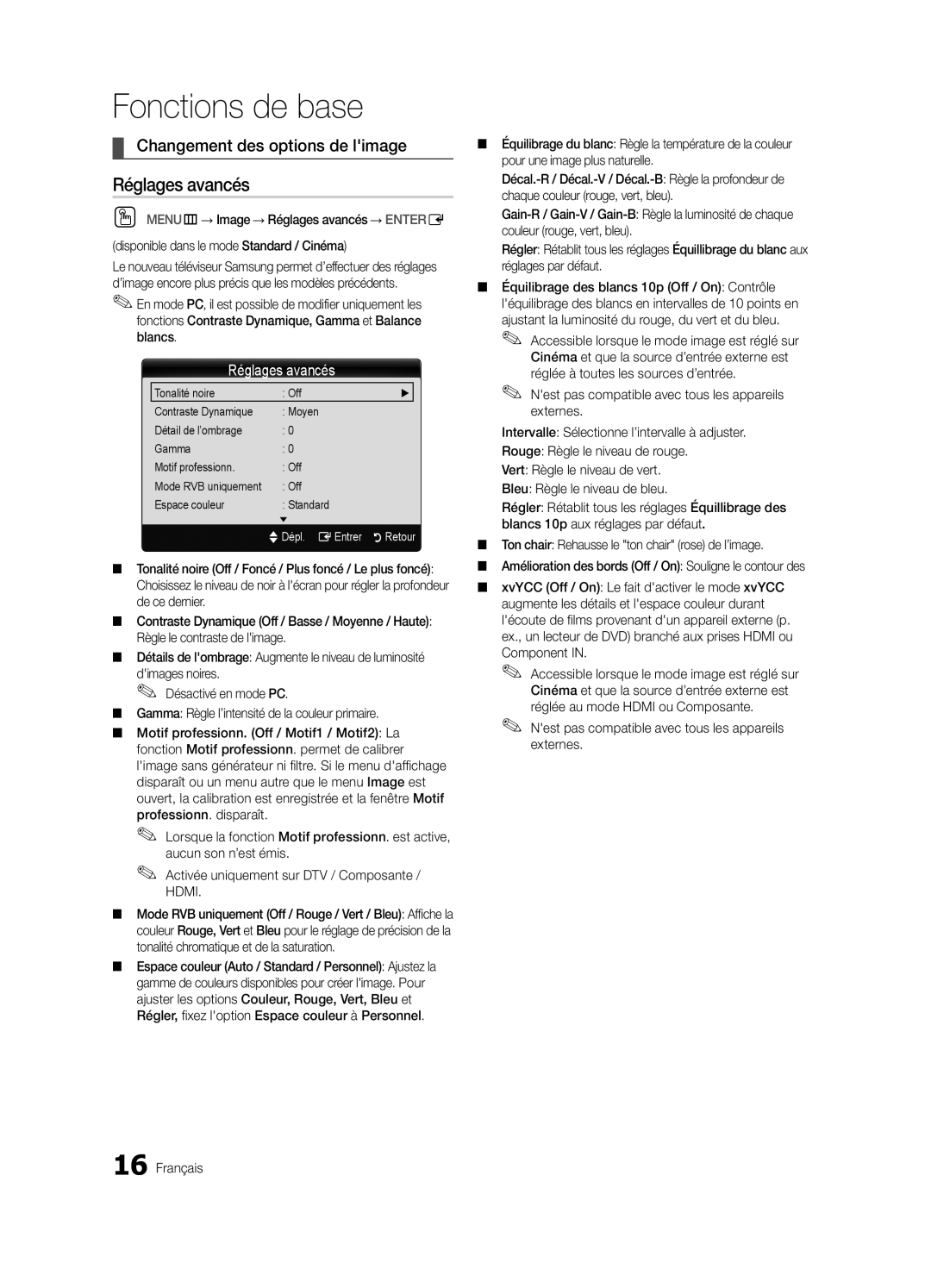 Samsung LN46C750 user manual Réglages avancés, Changement des options de limage, UDépl. EEntrer 