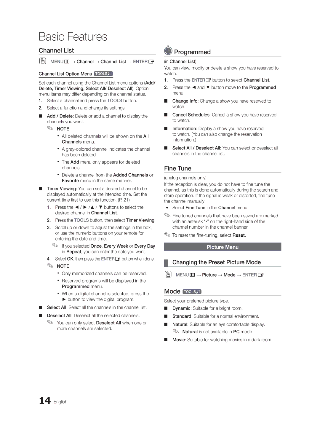 Samsung LN46C750 user manual Programmed, Fine Tune, Mode t, Changing the Preset Picture Mode, Picture Menu 