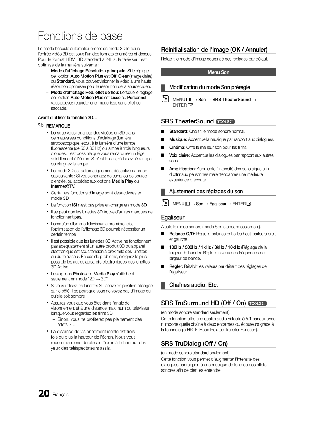 Samsung LN46C750 Réinitialisation de limage OK / Annuler, Egaliseur, Modification du mode Son préréglé, Chaînes audio, Etc 