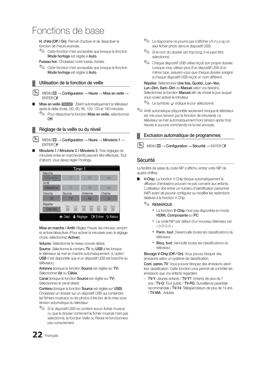 Samsung LN46C750 user manual Sécurité, Utilisation de la fonction de veille, Réglage de la veille ou du réveil 