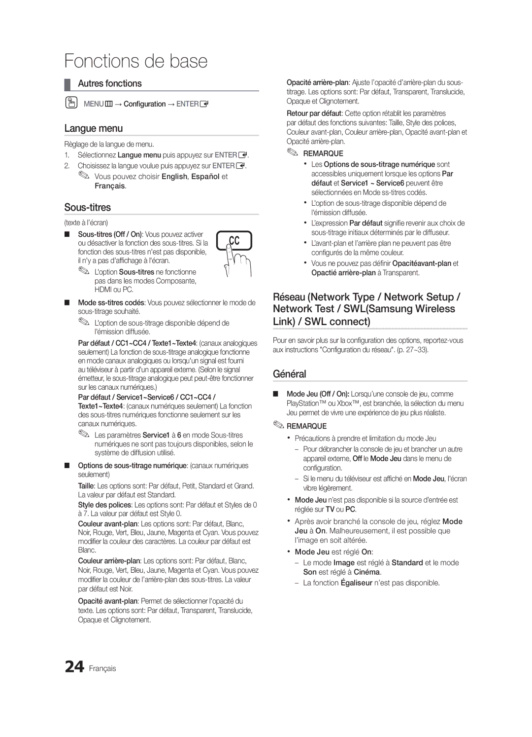 Samsung LN46C750 user manual Langue menu, Sous-titres, Link / SWL connect, Général 