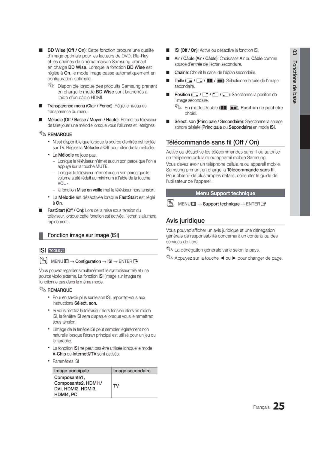 Samsung LN46C750 user manual ISI t, Télécommande sans fil Off / On, Avis juridique, Fonction image sur image ISI 