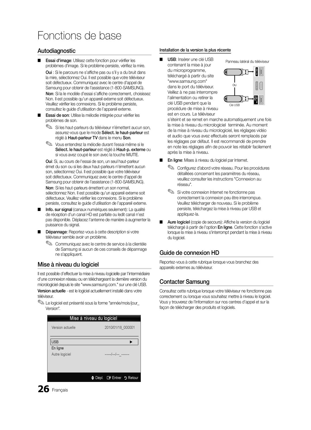 Samsung LN46C750 user manual Autodiagnostic, Mise à niveau du logiciel, Guide de connexion HD, Contacter Samsung 