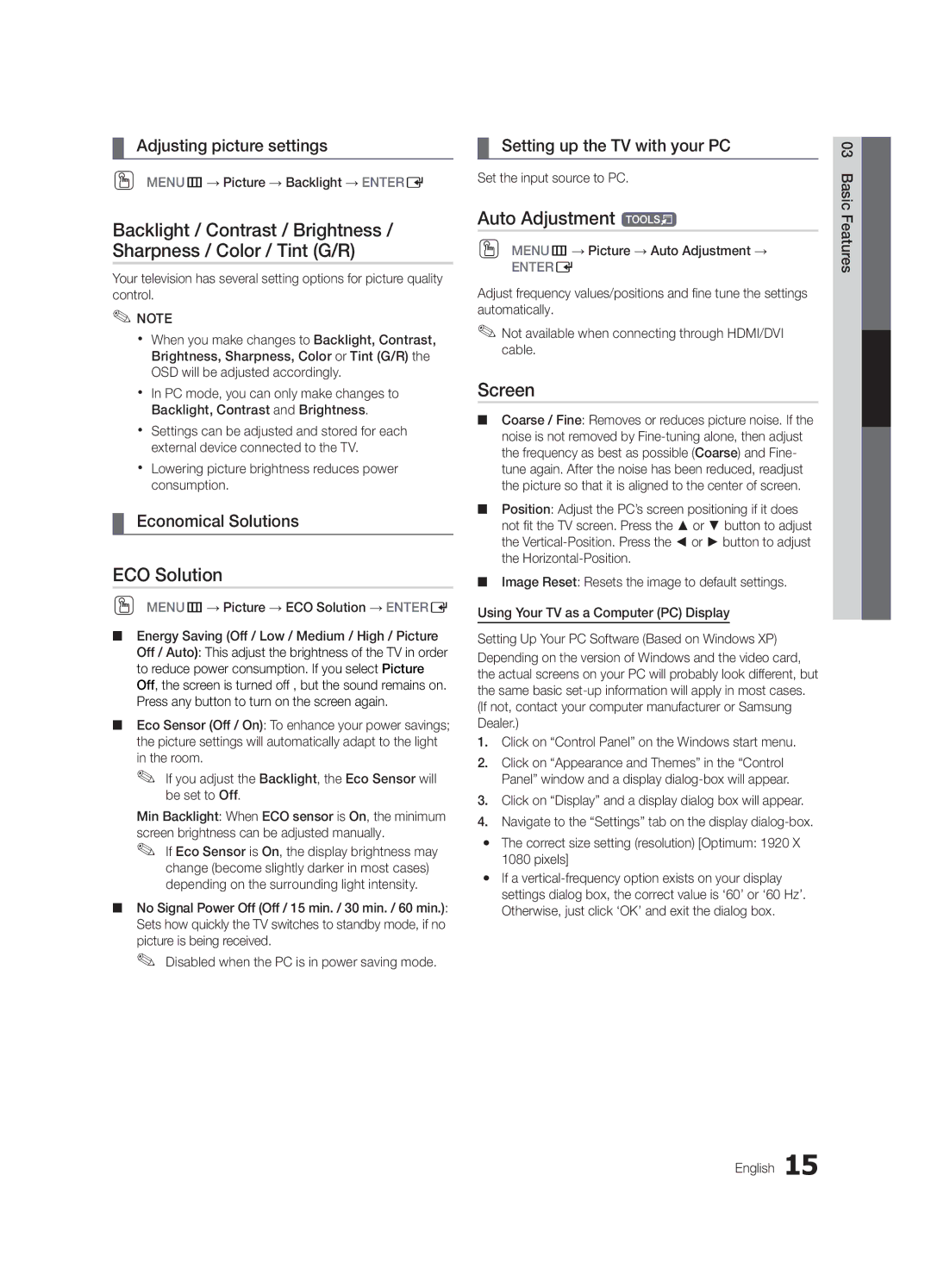 Samsung LN46C750 user manual ECO Solution, Auto Adjustment t, Screen 