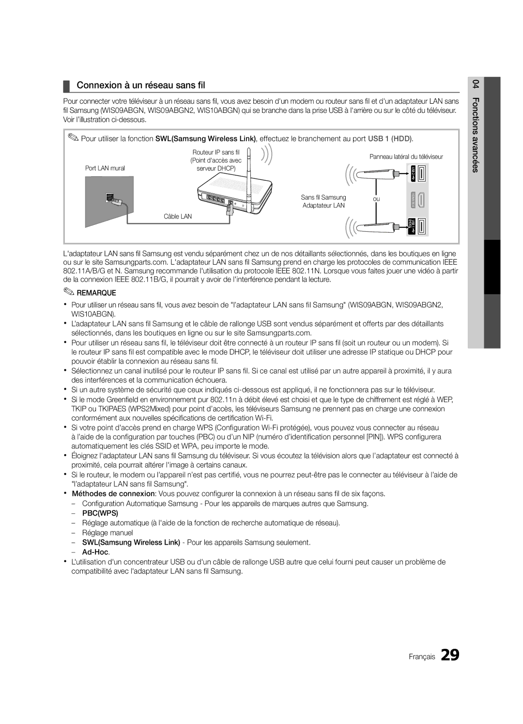 Samsung LN46C750 user manual Connexion à un réseau sans fil, Sans fil Samsung Adaptateur LAN Câble LAN 