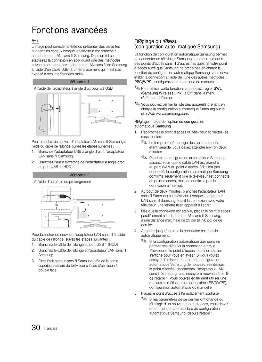 Samsung LN46C750 Réglage du réseau Configuration automatique Samsung, Avis, Laide dun câble de prolongement, Minutes 