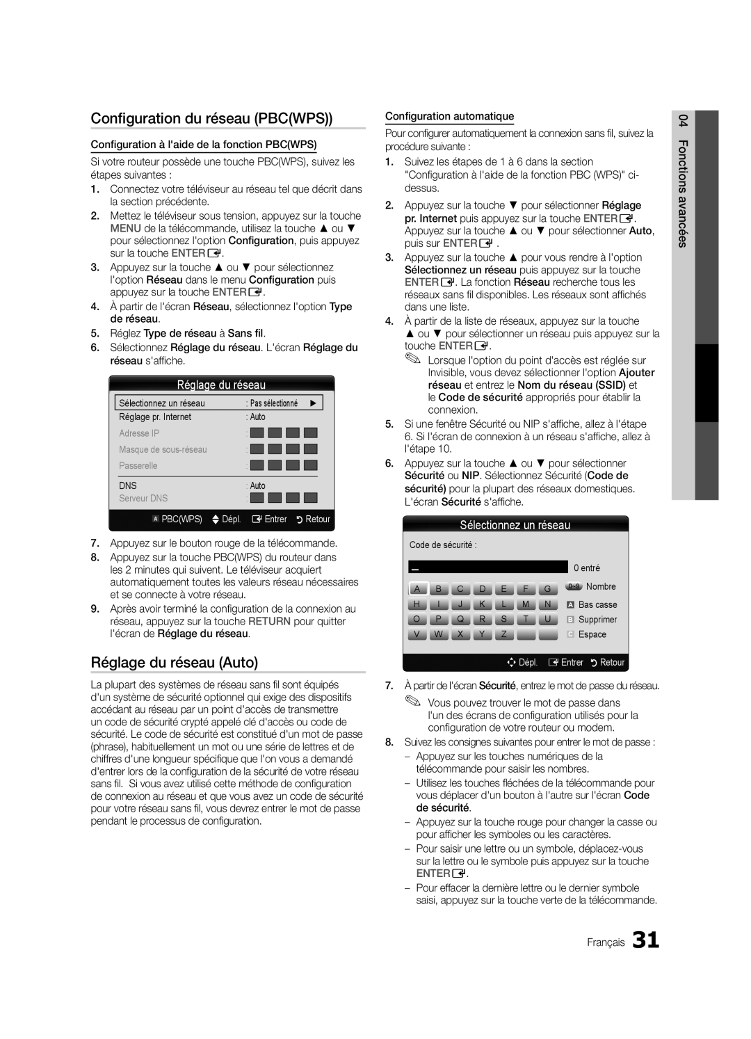 Samsung LN46C750 Configuration du réseau Pbcwps, Sélectionnez un réseau, Appuyez sur le bouton rouge de la télécommande 