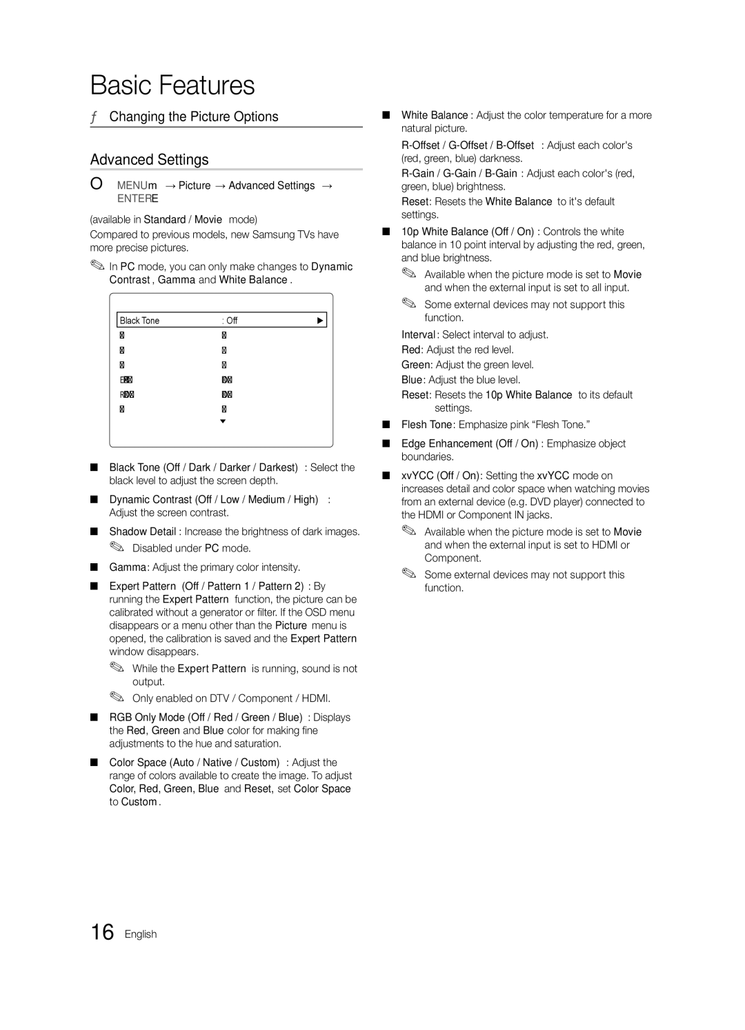 Samsung LN46C750 user manual Changing the Picture Options, OO MENUm→ Picture → Advanced Settings →, UMove EEnter 