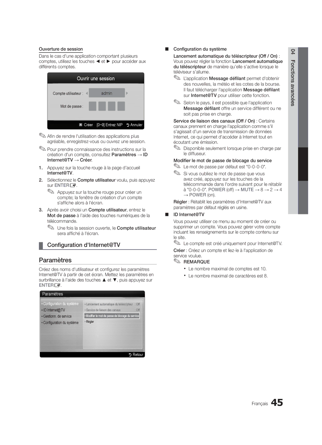 Samsung LN46C750 user manual Configuration dInternet@TV, Ouvrir une session, Mot de passe Créer, RRetour 