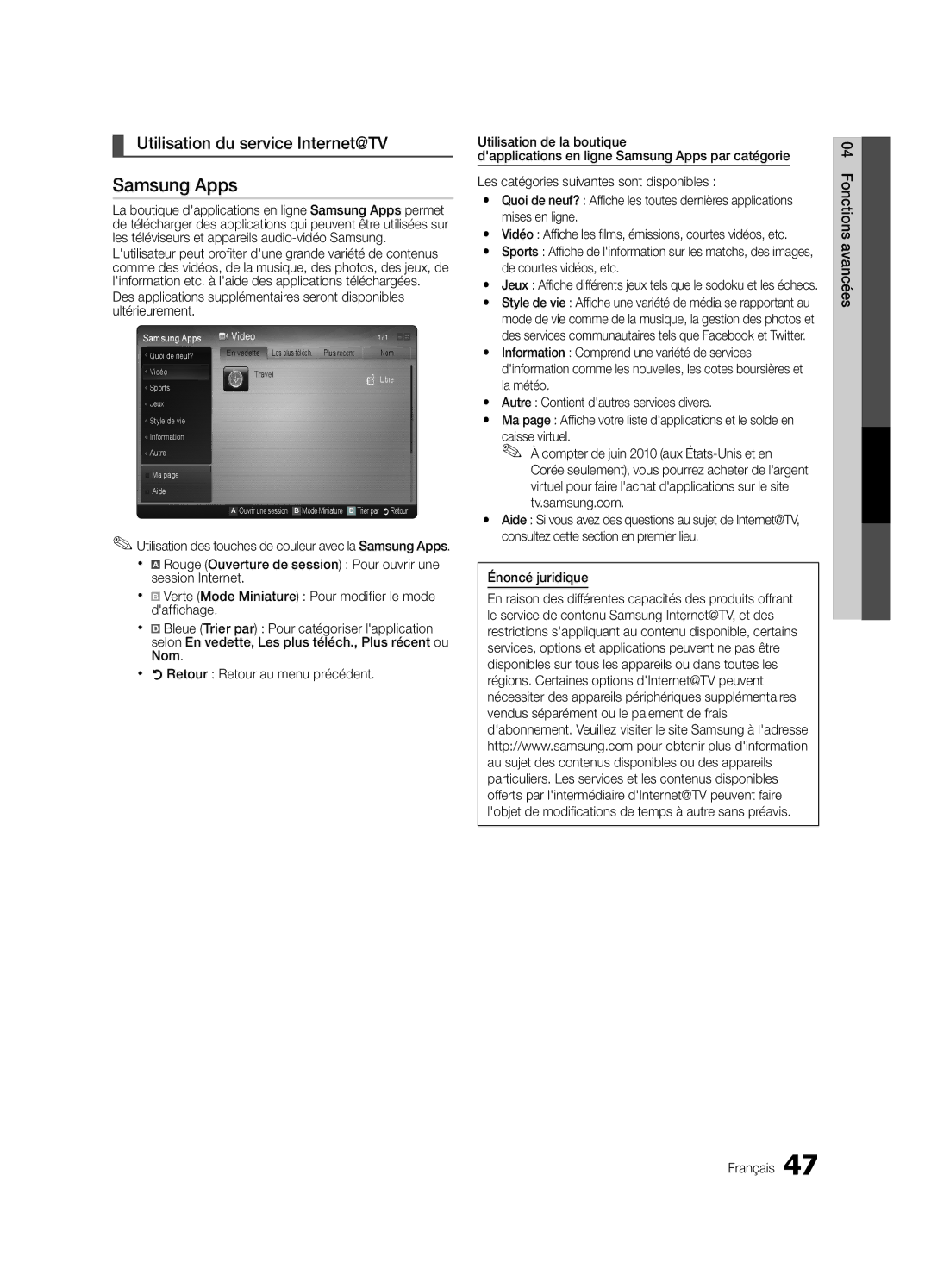 Samsung LN46C750 user manual Utilisation du service Internet@TV, Énoncé juridique Fonctions avancées Français 