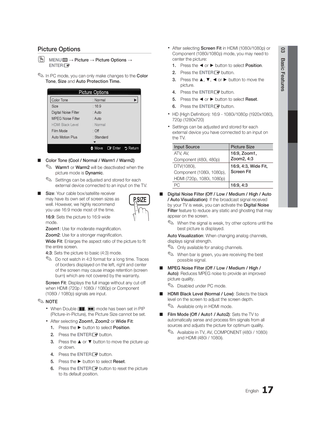 Samsung LN46C750 user manual Picture Options 