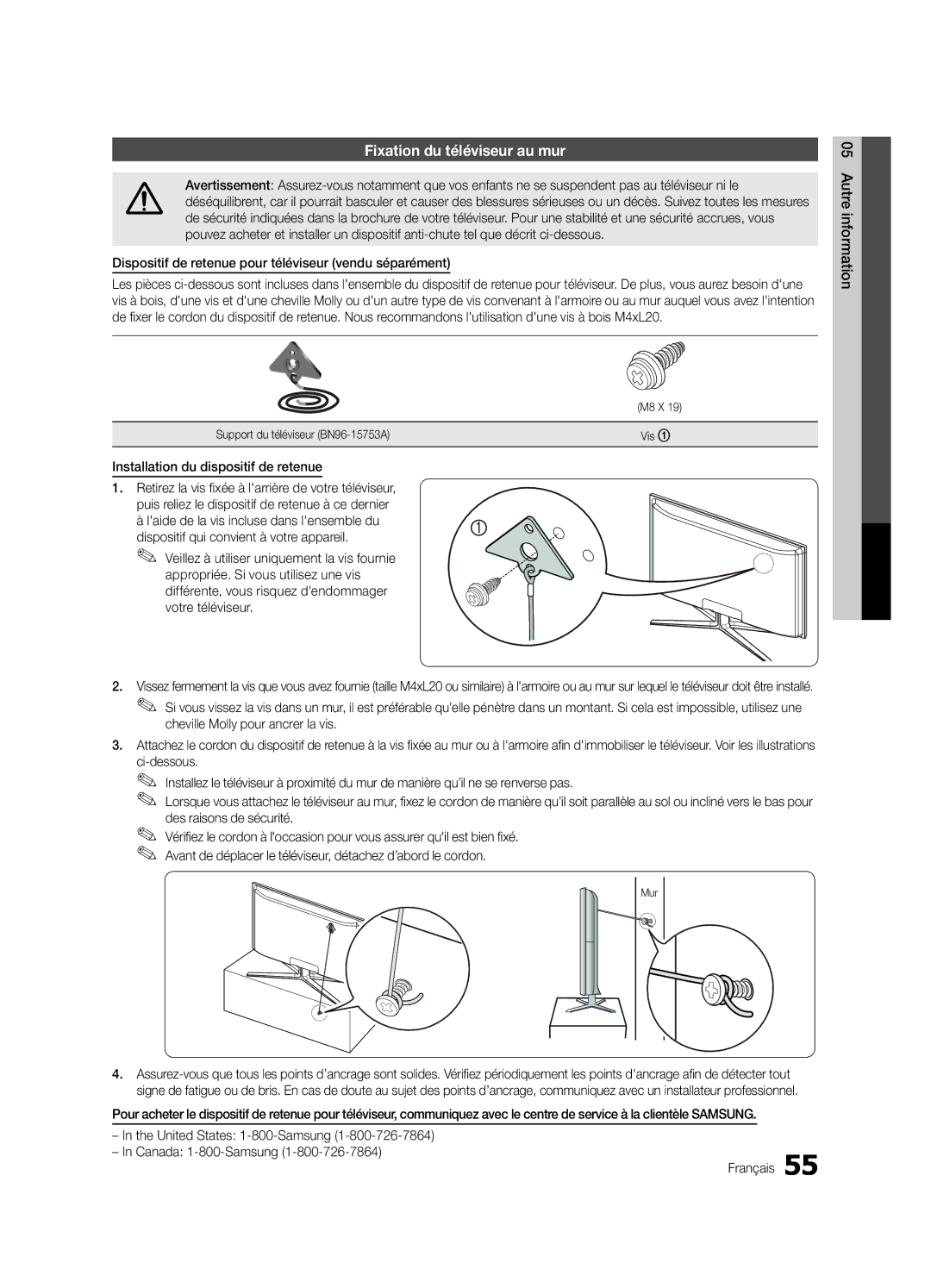 Samsung LN46C750 Fixation du téléviseur au mur, Installation du dispositif de retenue, Cheville Molly pour ancrer la vis 