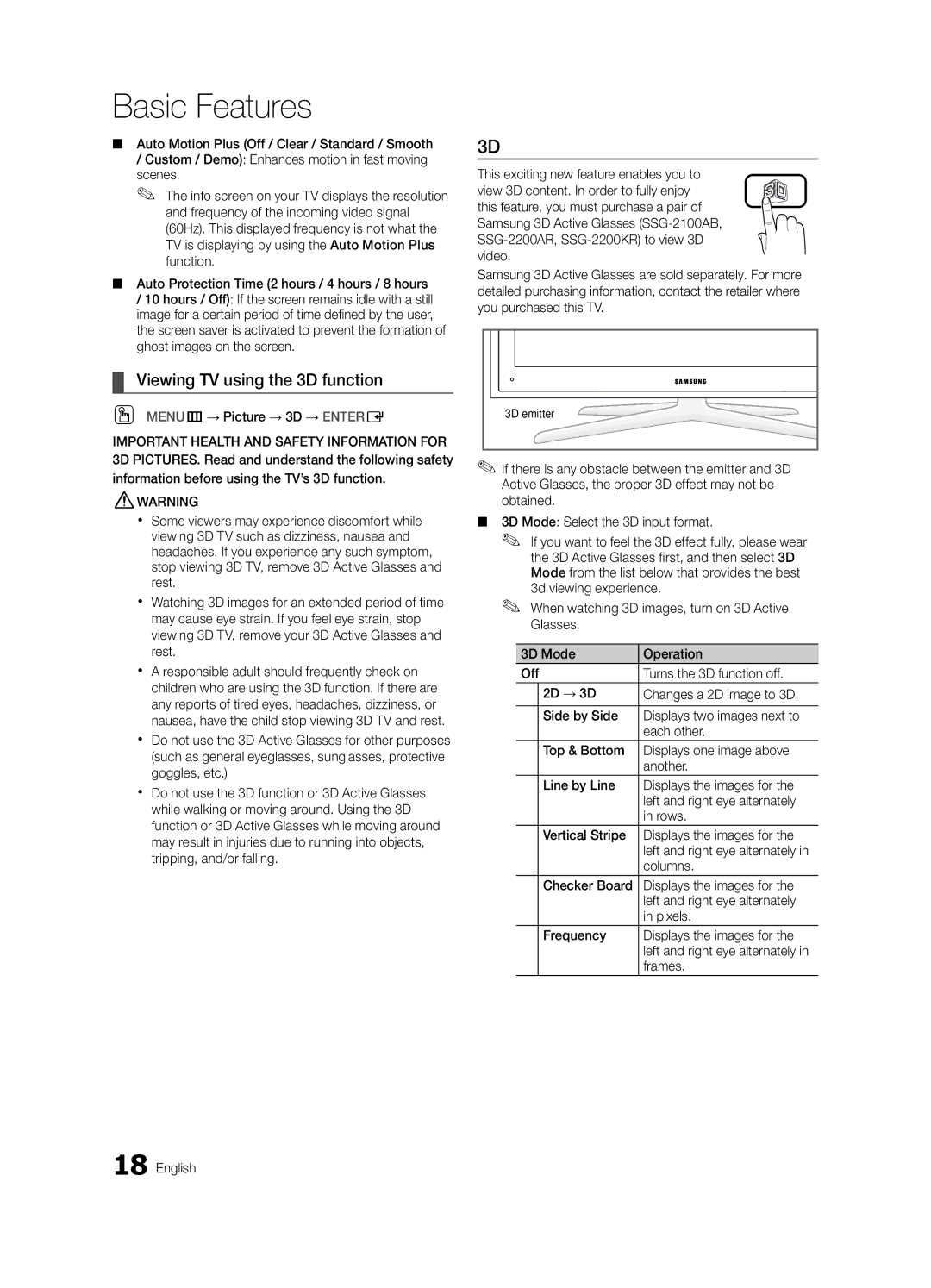 Samsung LN46C750 user manual Viewing TV using the 3D function, Columns, Frames, 3D emitter, Left and right eye alternately 