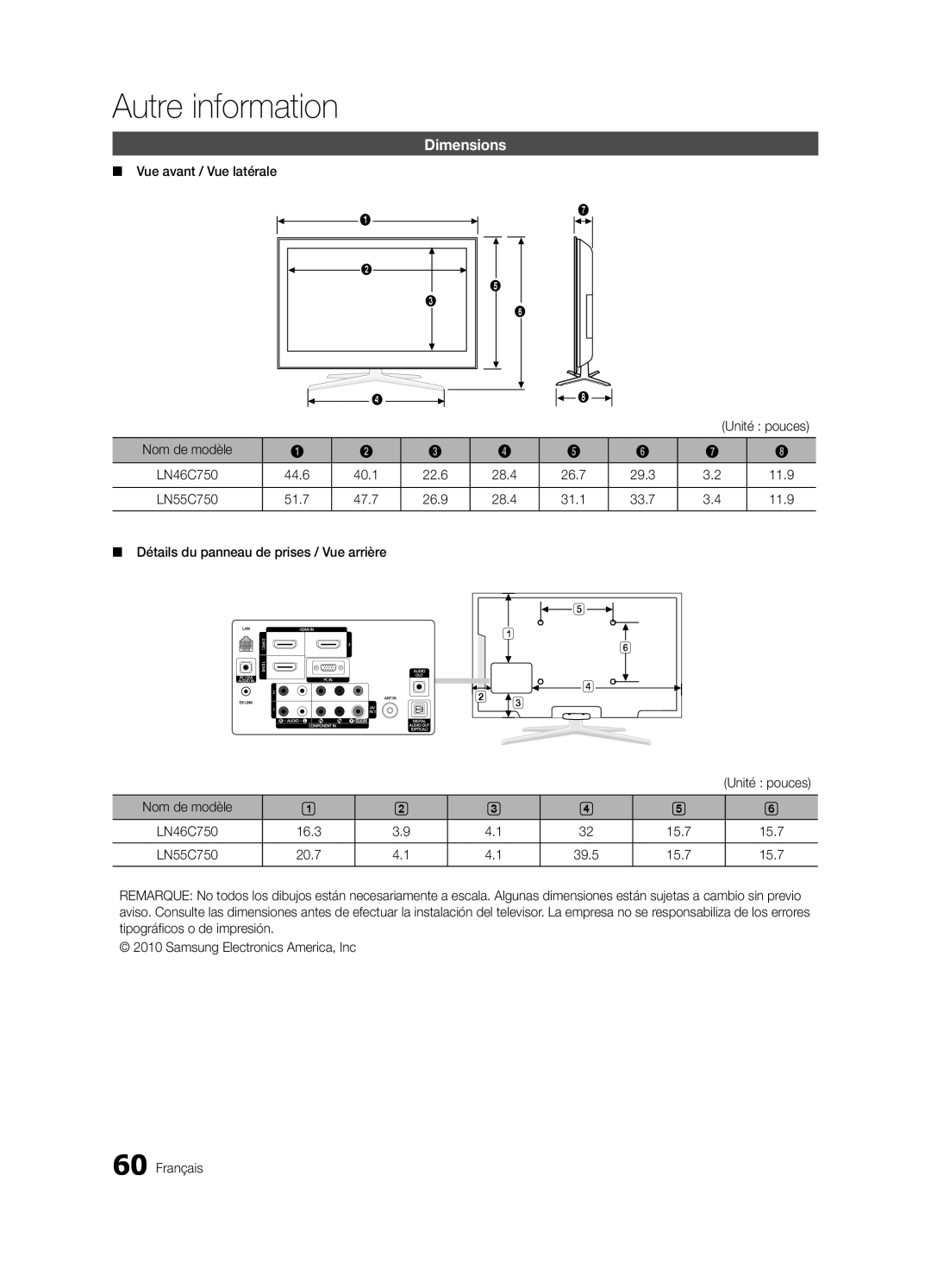 Samsung user manual Vue avant / Vue latérale, Nom de modèle LN46C750 44.6 40.1 22.6 