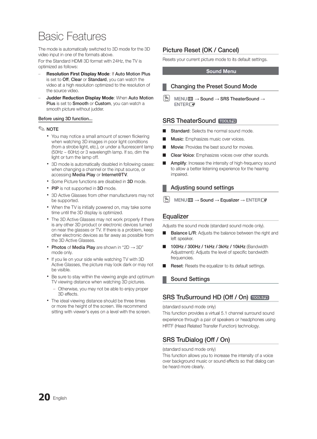 Samsung LN46C750 user manual Picture Reset OK / Cancel, SRS TheaterSound t, Equalizer, SRS TruSurround HD Off / On t 