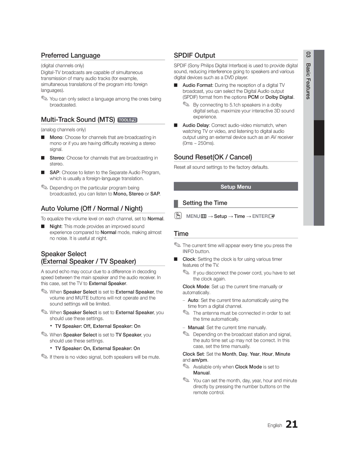 Samsung LN46C750 Preferred Language, Multi-Track Sound MTS t, Auto Volume Off / Normal / Night, Spdif Output, Time 