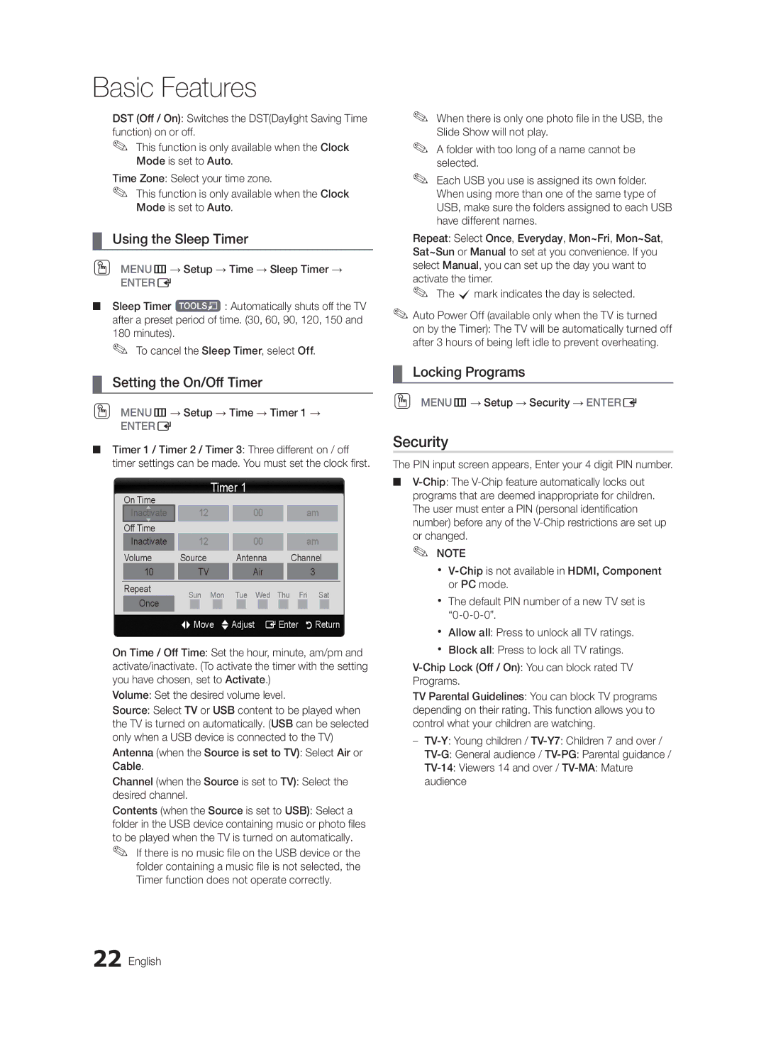 Samsung LN46C750 user manual Security, Using the Sleep Timer, Setting the On/Off Timer, Locking Programs 