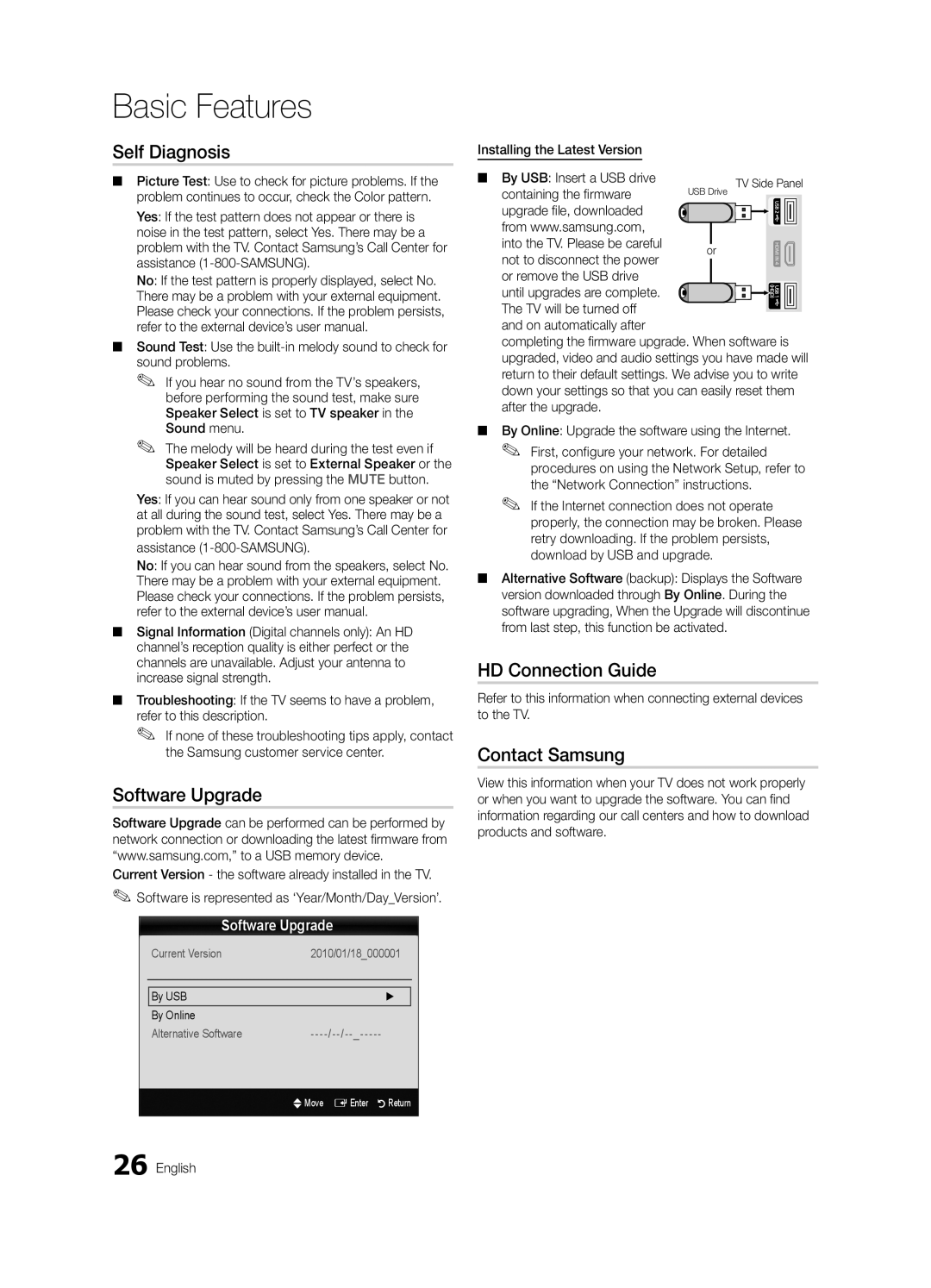 Samsung LN46C750 user manual Self Diagnosis, Software Upgrade, HD Connection Guide, Contact Samsung 