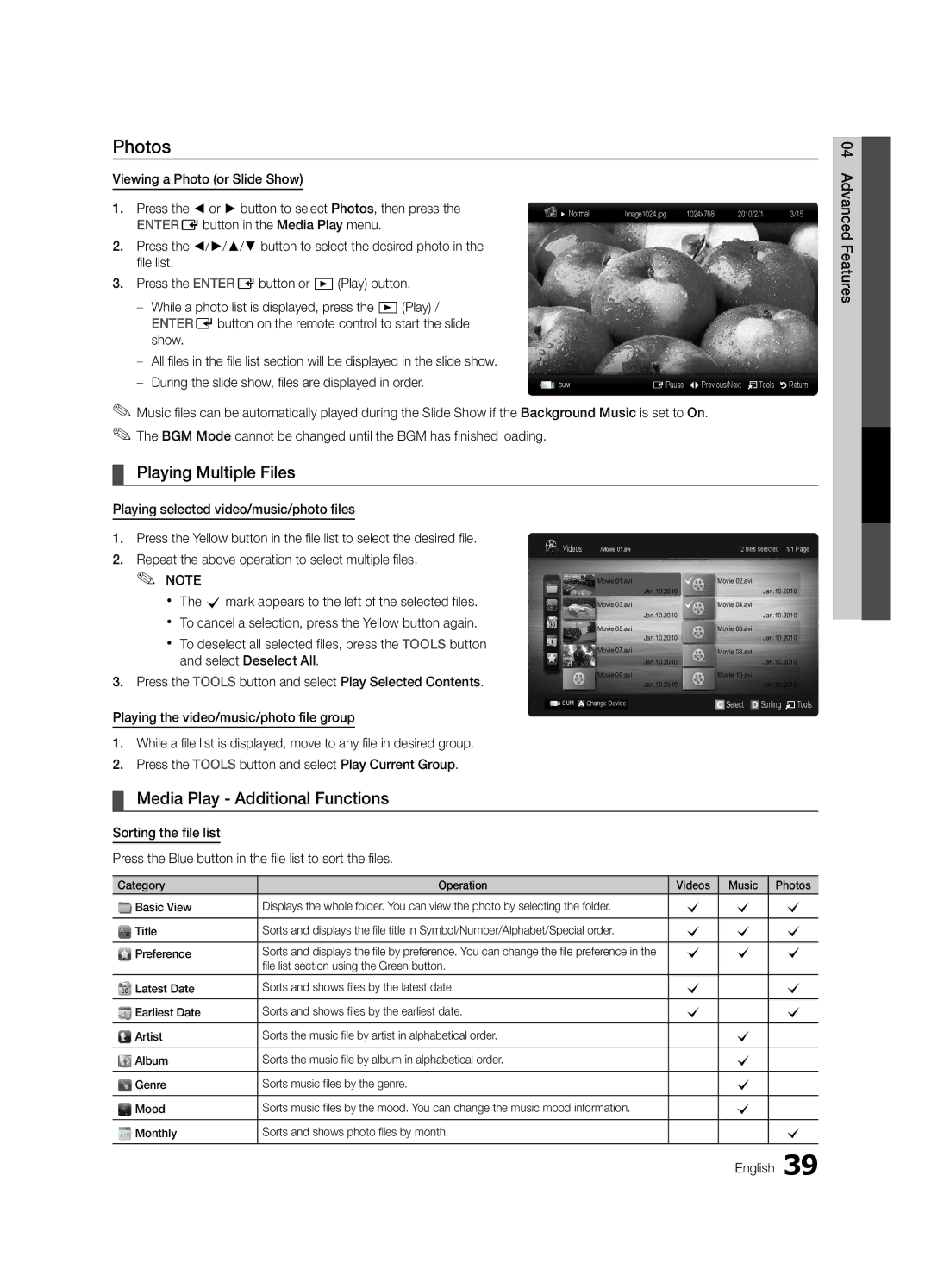 Samsung LN46C750 user manual Photos, Playing Multiple Files, Media Play Additional Functions, Viewing a Photo or Slide Show 