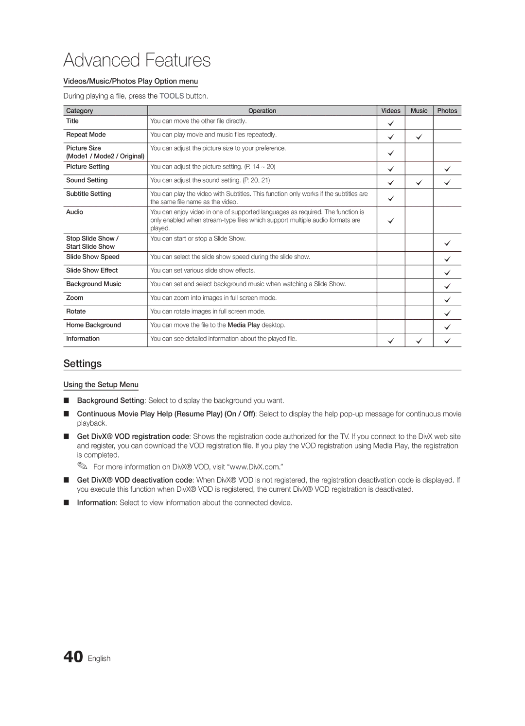 Samsung LN46C750 user manual Settings, Same file name as the video Audio 