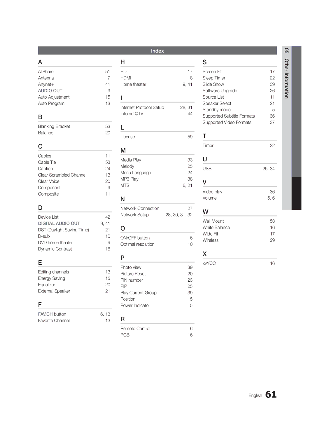 Samsung LN46C750 user manual Index 