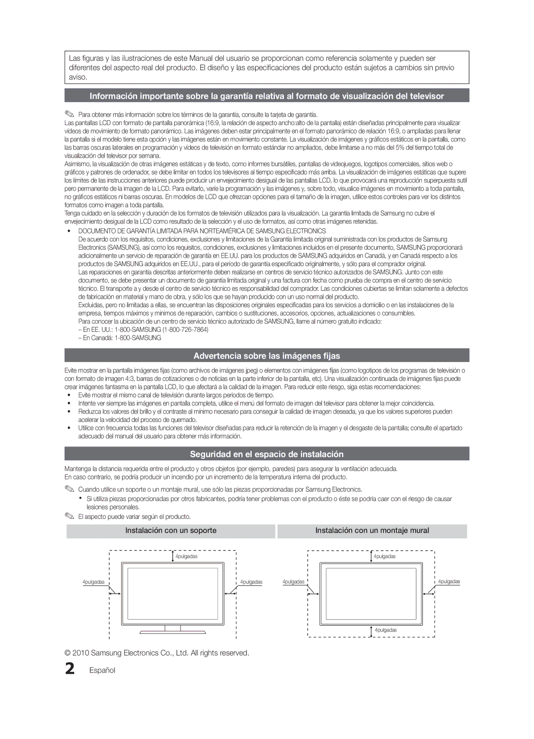 Samsung LN46C750 Advertencia sobre las imágenes fijas, Seguridad en el espacio de instalación, Instalación con un soporte 