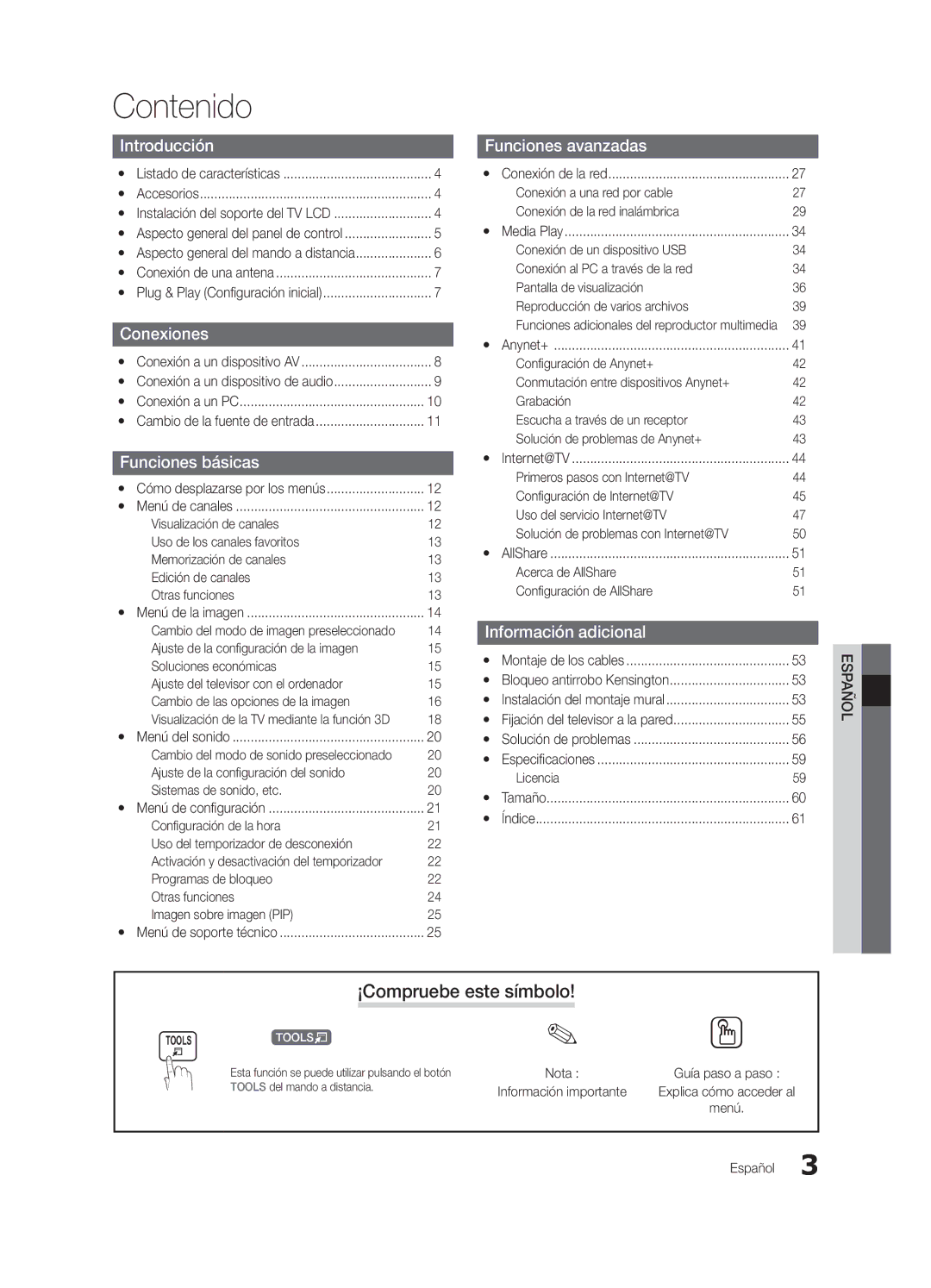 Samsung LN46C750 user manual Contenido, ¡Compruebe este símbolo 