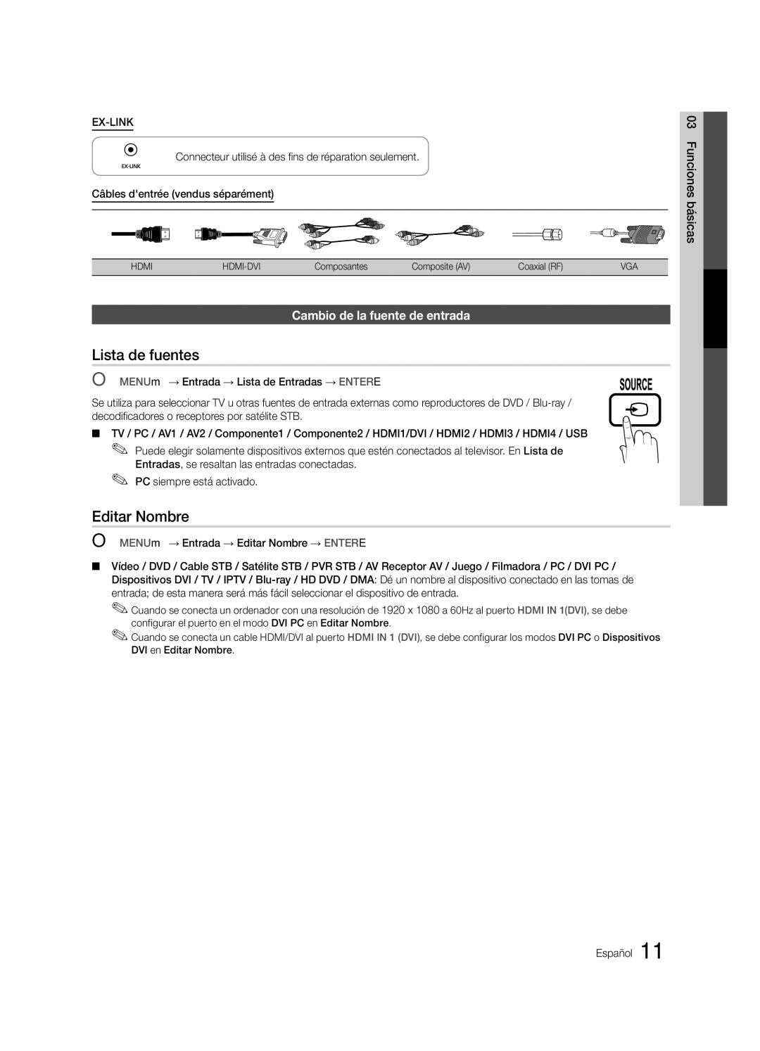 Samsung LN46C750 user manual Lista de fuentes, Editar Nombre, Cambio de la fuente de entrada, Funciones básicas Español 