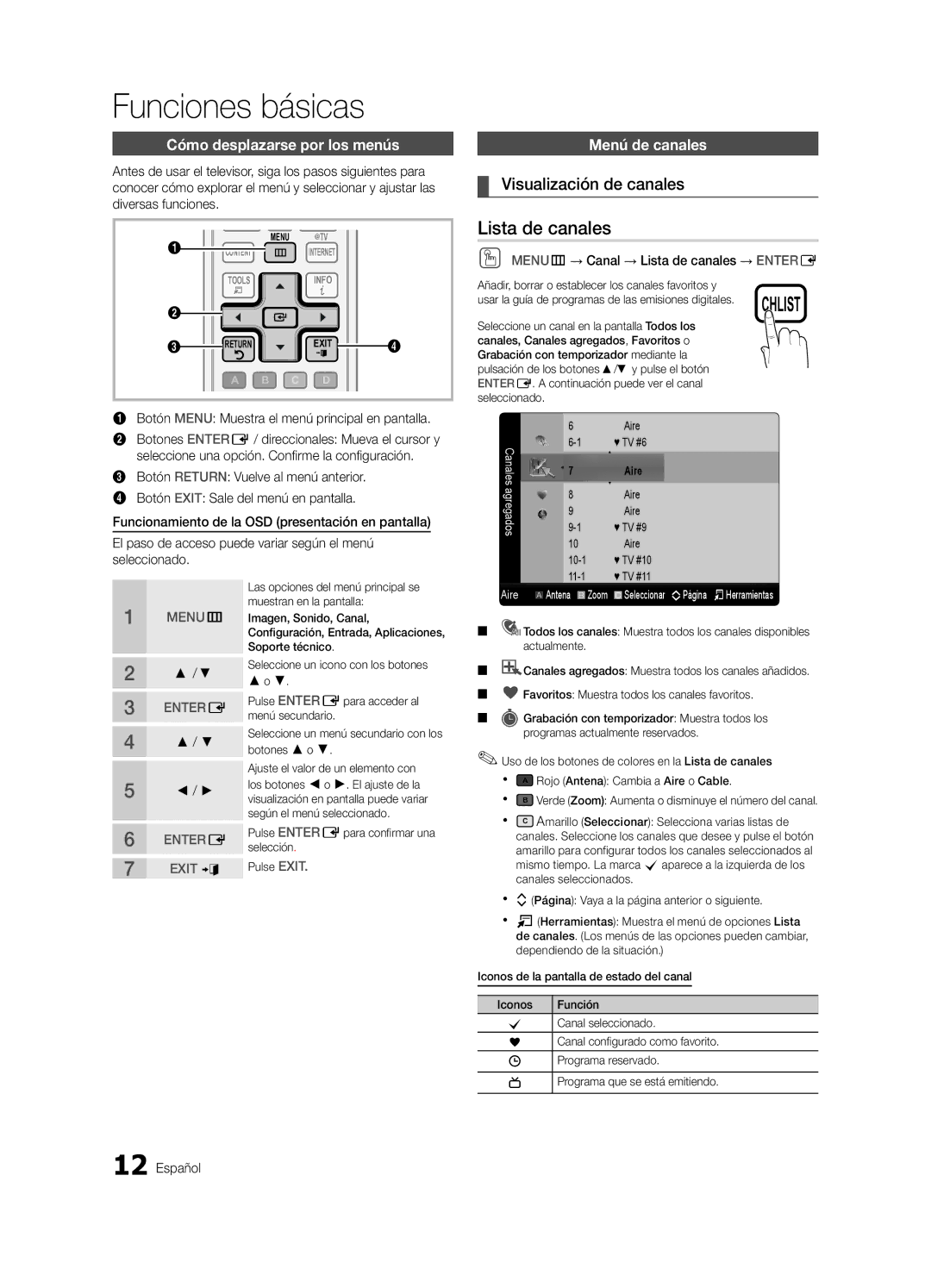 Samsung LN46C750 user manual Funciones básicas, Lista de canales, Visualización de canales, Cómo desplazarse por los menús 