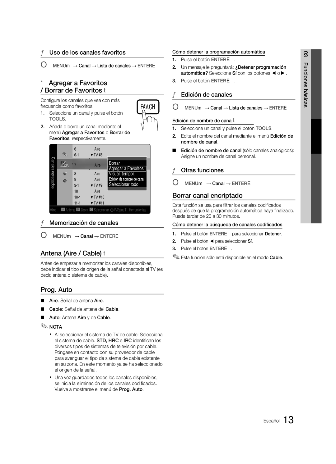 Samsung LN46C750 Agregar a Favoritos Borrar de Favoritos t, Borrar canal encriptado, Antena Aire / Cable t, Prog. Auto 